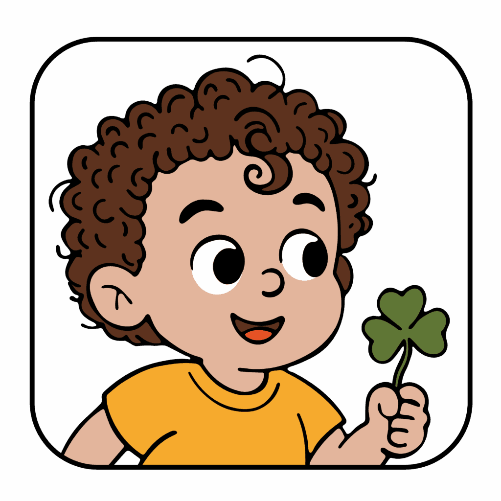 Sambis Cocina - A child with curly hair wearing a yellow shirt is smiling and holding a green three-leaf clover in front of Sambi's Cocina.