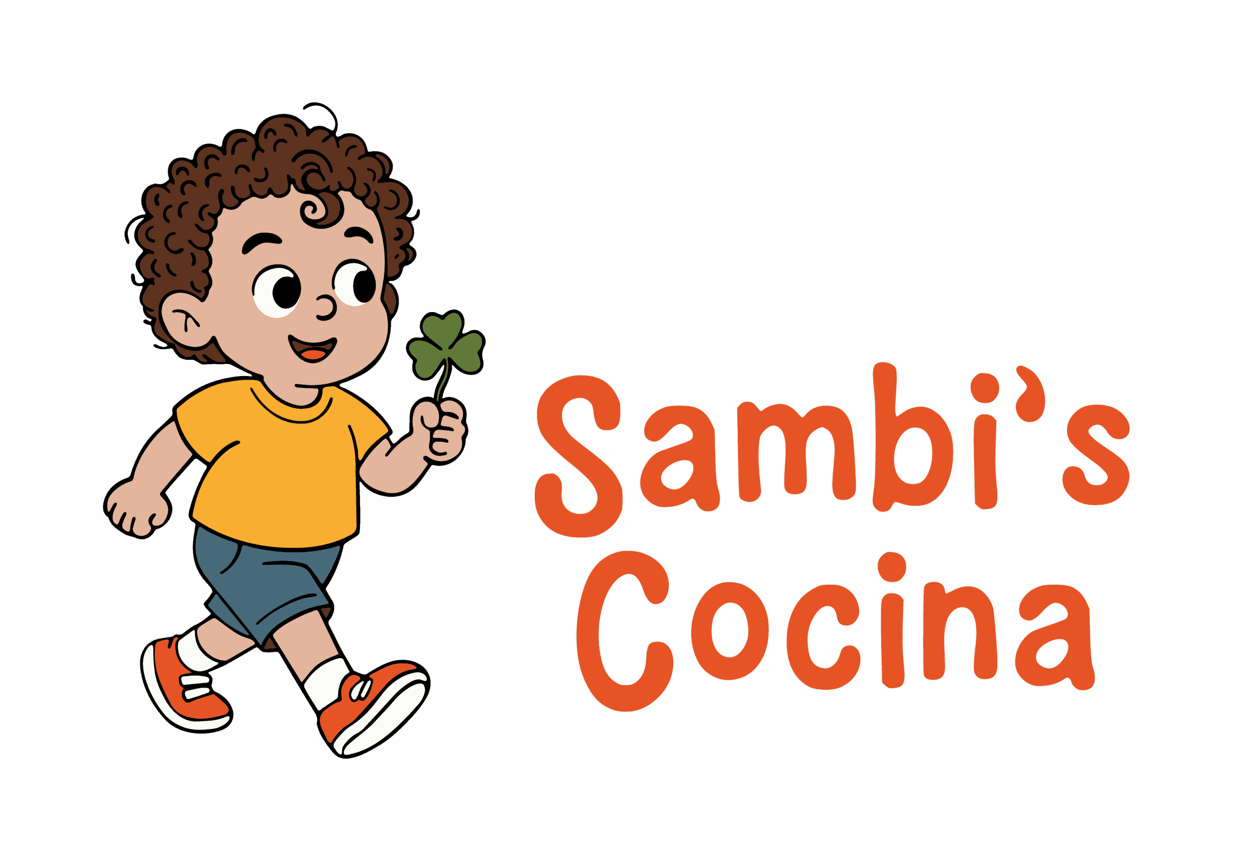 Sambis Cocina - Cartoon child with curly hair holds a green clover while walking next to the text "Sambi's Cocina" on a red background.