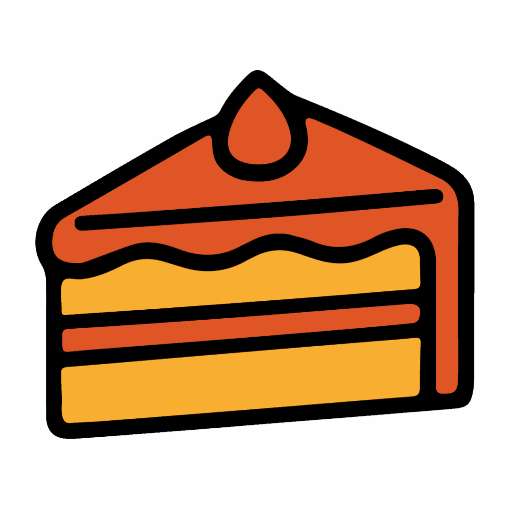Sambis Cocina - Illustration of a slice of layered cake with orange frosting and a drop-shaped decoration on top, shown on a black background—a sweet creation from Sambi's Cocina.