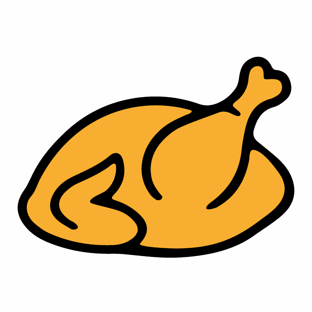 Sambis Cocina - Simple illustration of a whole roasted chicken or turkey, shown in yellow with a drumstick, on a black background—perfect for showcasing Sambi's Cocina delights.