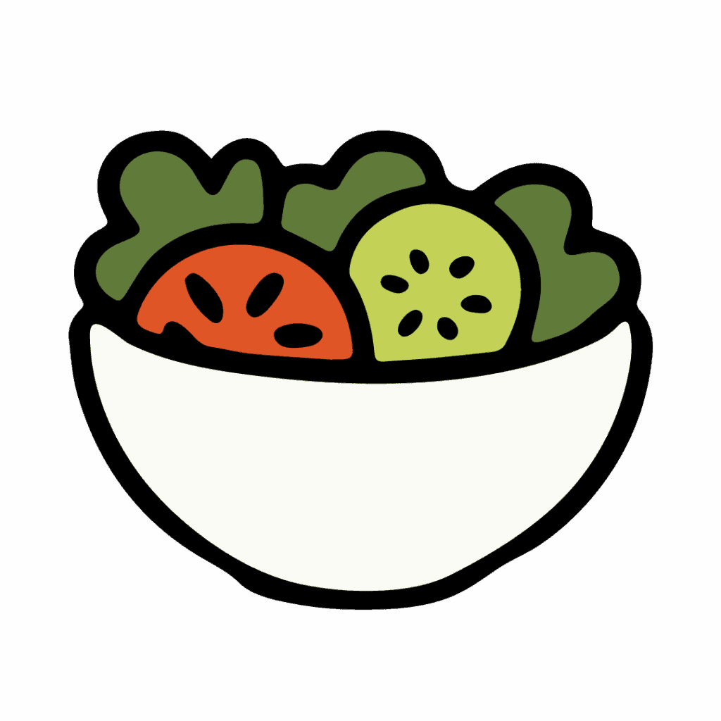 Sambis Cocina - A white bowl containing cartoon-style slices of tomato, cucumber, and leafy greens sits on a black background, showcasing the fresh art of Sambi's Cocina.